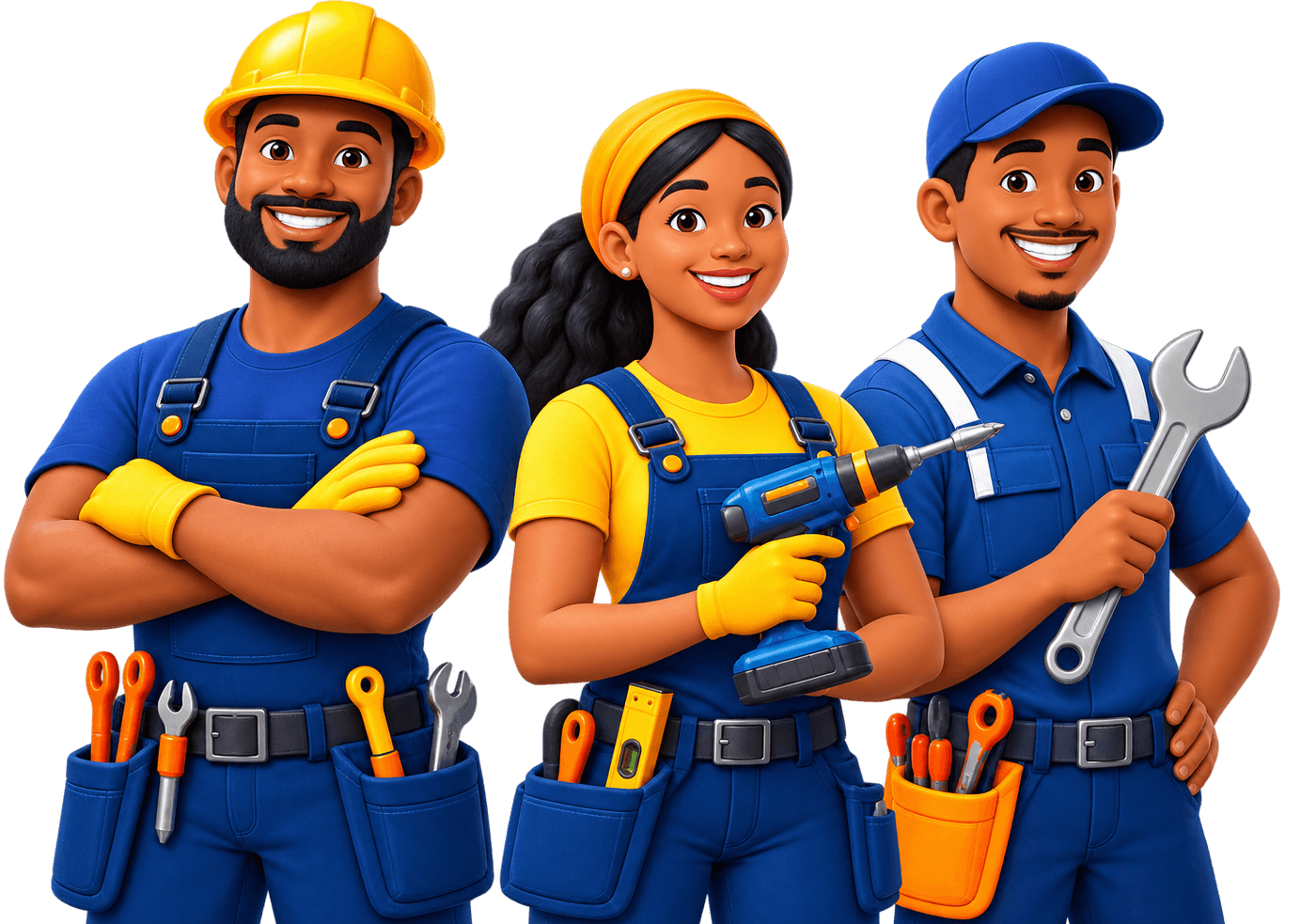 Three Fix-am artisans: a builder, an electrician with a drill, and a mechanic with a wrench